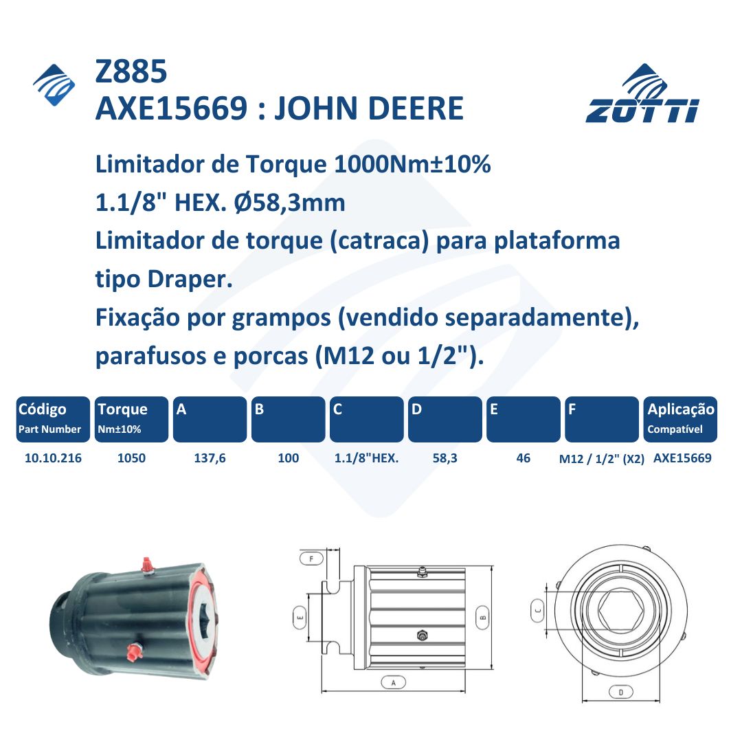 Z885 - LIMITADOR DE TORQUE FLANGE FIXO 1000NM 1.1/8 JOHN DEERE: AXE15669
